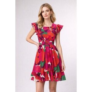 MISA Los Angeles Floral Print Ruffle Sleeve Square Neck Mini Dress‎ Size S